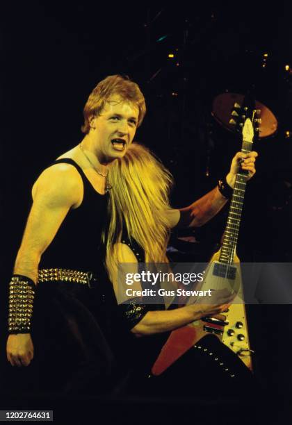 English singer and songwriter Rob Halford and English musician GKK Downing of heavy metal band Judas Priest performing live on stage, 1979.