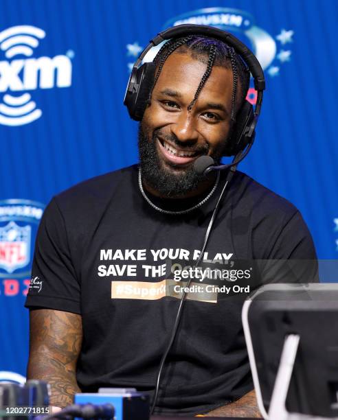 Wide receiver Jarvis Landry of the Cleveland Browns speaks onstage during day one with SiriusXM at Super Bowl LIV on January 29, 2020 in Miami,...