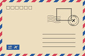 Vintage air mail envelope with postage stamp, postage card. Vector graphic design