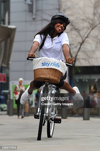 Singer and Sky Ride ambassador, Alexandra Burke poses in Exchange Square ahead of Sky Ride Manchester this Sunday on August 03, 2011 in Manchester,...