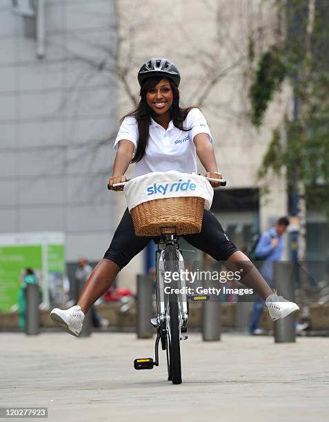 Singer and Sky Ride ambassador, Alexandra Burke poses in Exchange Square ahead of Sky Ride Manchester this Sunday on August 03, 2011 in Manchester,...