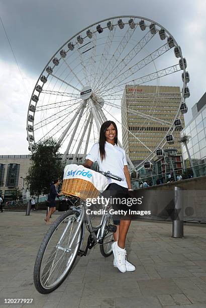 Singer and Sky Ride ambassador, Alexandra Burke poses in Exchange Square ahead of Sky Ride Manchester this Sunday on August 03, 2011 in Manchester,...