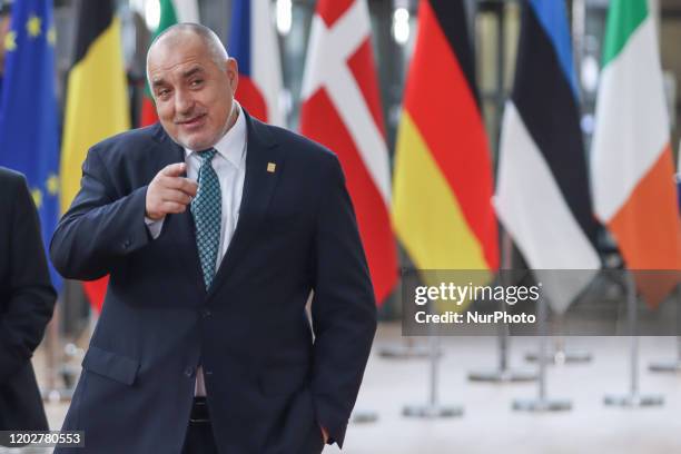 Prime Minister of Bulgaria Boyko Metodiev Borissov as seen arriving on the red carpet with EU flags at forum Europa building. The Bulgarian PM Boyko...