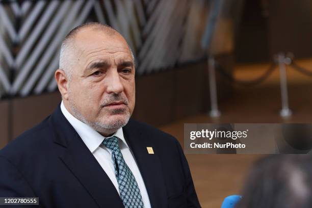 Prime Minister of Bulgaria Boyko Metodiev Borissov as seen arriving on the red carpet with EU flags at forum Europa building. The Bulgarian PM Boyko...