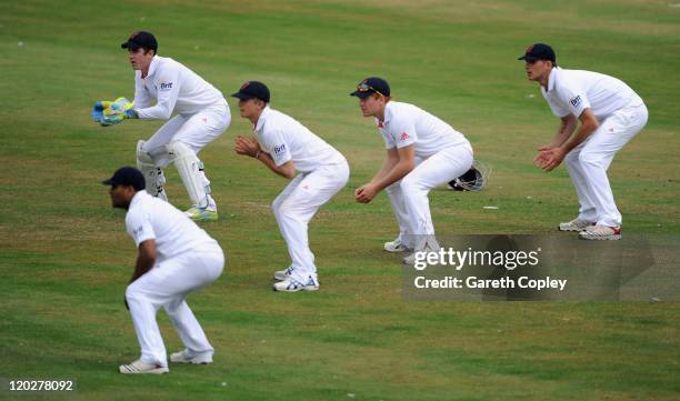 Craig Kieswetter, Samit Patel, Joe Root, Jonathan Bairstow and Alex Hales of England Lions field in the slips during day two of the tour match...