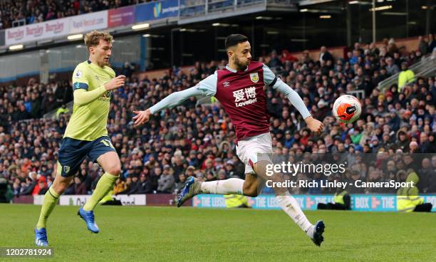 Burnley's Dwight McNeil under pressure from Bournemouth's Jack Stacey during the Premier League match between Burnley FC and AFC Bournemouth at Turf...