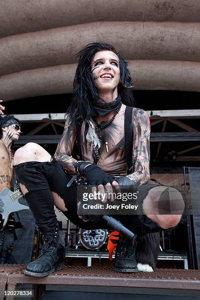 Vocalist Andy "Six" Biersack of The band Black Veil Brides performs onstage during the 2011 Vans Warped Tour at the Riverbend Music Center on August...