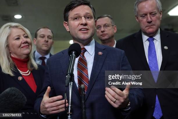 Rep. Mike Johnson speaks to members of the media as Rep. Debbie Lesko , Rep. Lee Zeldin , Rep. Doug Collins and Rep. Mark Meadows listen prior to the...