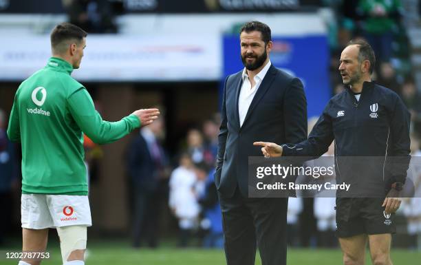 London , United Kingdom - 23 February 2020; Ireland captain Jonathan Sexton and Ireland head coach Andy Farrell in conversation with referee Jaco...