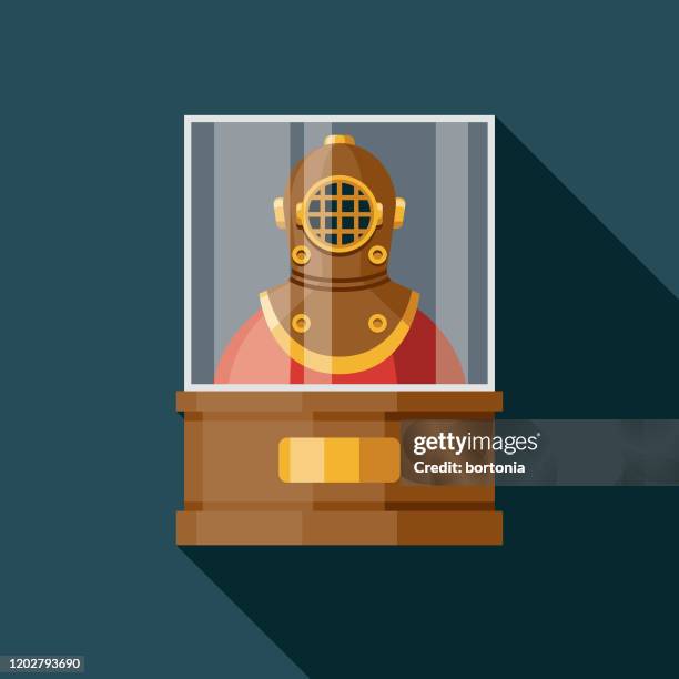 antique diving helm in display case museum icon - empty display case museum stock illustrations