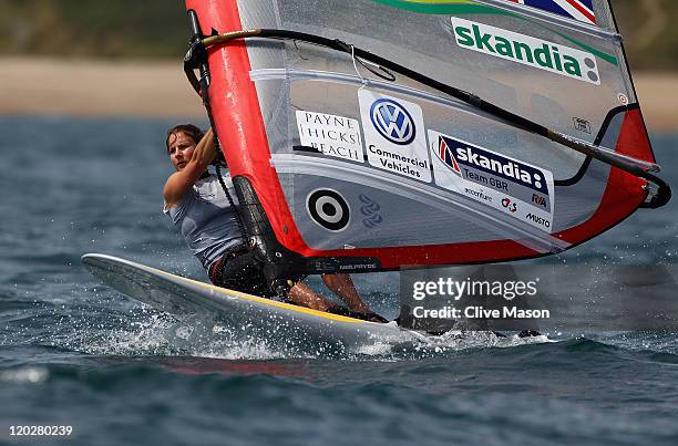 Bryony Shaw of Great Britain in action during a Womens RS-X class practice race during day two of the Weymouth and Portland International Regatta at...