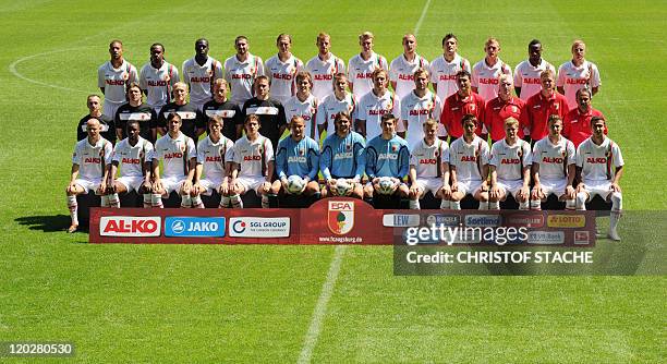 The team of the German first division Bundesliga team FC Augsburg poses for a group photo during the team presentation at the SGL-Arena on July 26,...