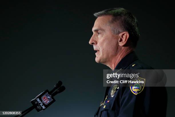 Chief of Police, Miami Beach Police Department, Rick Clements speaks to the media during a press conference prior to Super Bowl LIV at the Hilton...