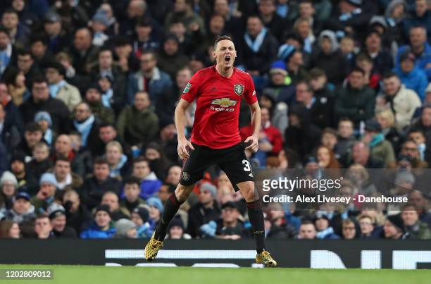Nemanja Matic of Manchester United celebrates after scoring the opening goal during the Carabao Cup Semi Final match between Manchester City and...