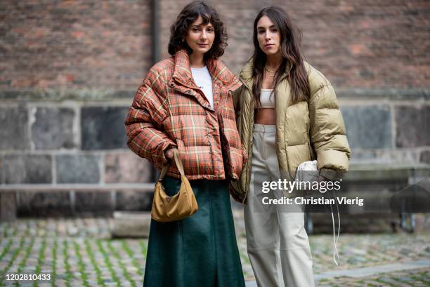 Alyssa Coscarelli weairng checkered puffer jacket, Prada bag, green skirt and Lauren Caruso wearing puffer jacket, cropped top, mini bag, high waist...