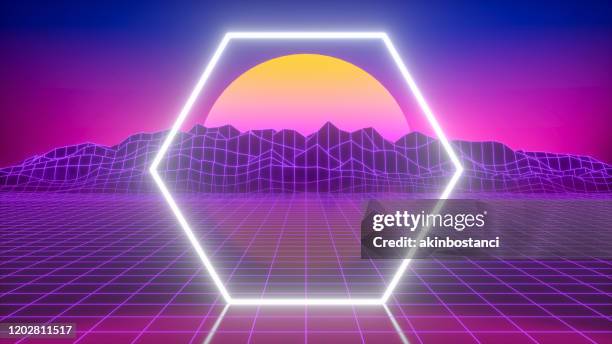 80er jahre retro sci-fi futuristische abstrakte hintergrund mit glühenden rahmen - 80s laser background stock-grafiken, -clipart, -cartoons und -symbole