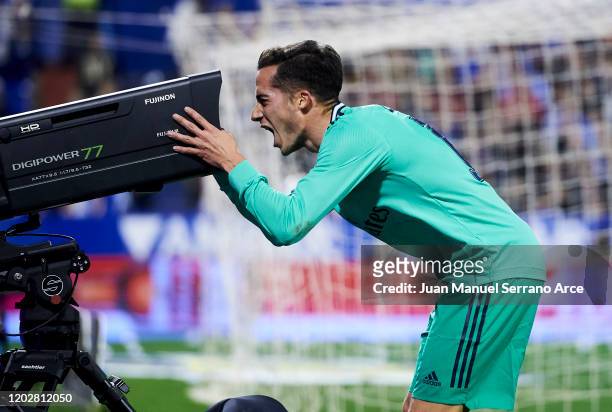 Lucas Vazquez of Real Madrid CF celebrates after scoring his team's second goal during the Copa del Rey Round of 16 match between Real Zaragoza and...
