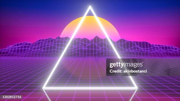 80s retro sci-fi futuristic abstract background with glowing frame - pink nebula stock illustrations