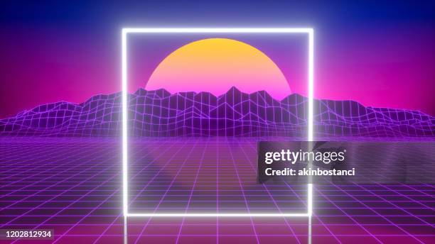 80s retro sci-fi futuristic abstract background with glowing frame - space planets background stock illustrations