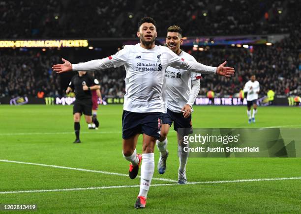 Alex Oxlade-Chamberlain of Liverpool celebrates after scoring his team's second goal during the Premier League match between West Ham United and...