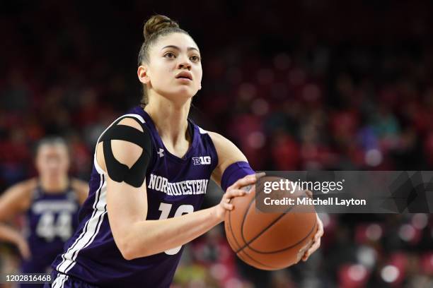 Lindsey Pulliam of the Northwestern Wildcats takes a foul shot during a women's college basketball game against the Maryland Terrapins at the Xfinity...