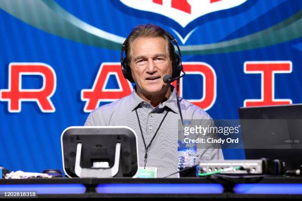 Former NFL quarterback Joe Theismann speaks on stage during day one with SiriusXM at Super Bowl LIV on January 29, 2020 in Miami, Florida.