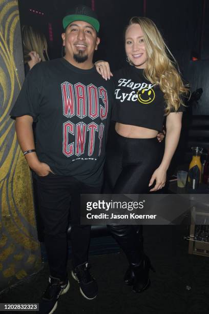Michael Guerrero and AJ Applegate is seen at LYFE Brand Celebrates Dwyane Wade Jersey Retirement At HYDE American Airlines Arena on February 22, 2020...