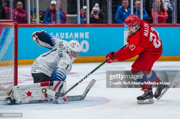 Vyacheslav Malov of Russian Federation scores a goal against Goalkeeper Dylan Silverstein of United States during Men's 6-Team Tournament Gold Medal...