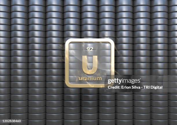 stack of enriched uranium with its symbol in front - enriched uranium stock pictures, royalty-free photos & images