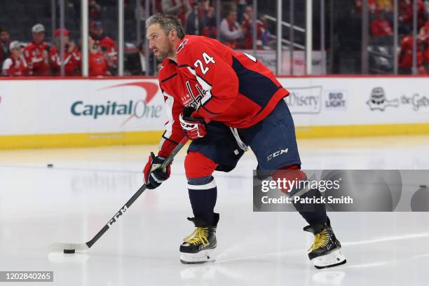 Alex Ovechkin of the Washington Capitals wears Kobe Bryant’s number 24 on his jersey as he warm ups before playing against the Nashville Predators at...