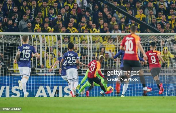 Henry Onyekuru of Galatasaray SK shooting on goal during Fenerbahçe against Galatasaray on ükrü Saracolu Stadium, Istanbul, Turkey on February 23,...