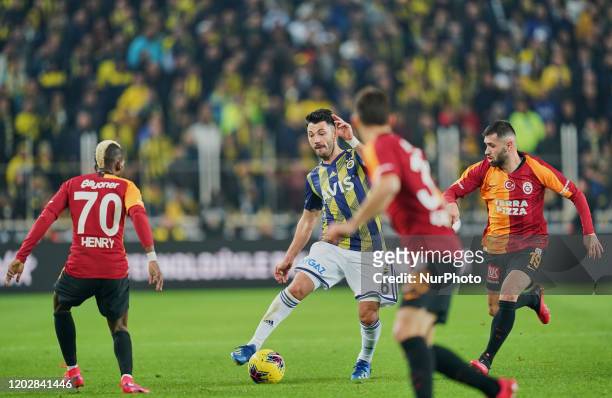 Tolgay Arslan of Fenerbahce SK going past Henry Onyekuru of Galatasaray SK during Fenerbahçe against Galatasaray on ükrü Saracolu Stadium, Istanbul,...