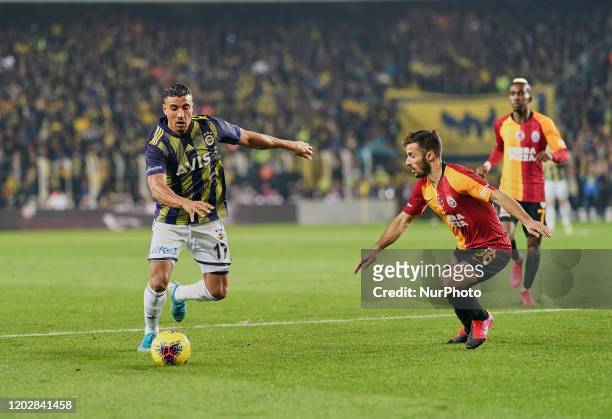 Nabil Dirar of Fenerbahce SK and Marcelo Saracchi of Galatasaray SK during Fenerbahçe against Galatasaray on ükrü Saracolu Stadium, Istanbul, Turkey...