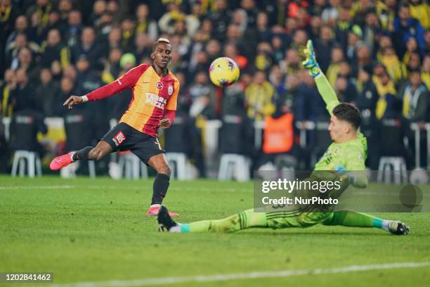 Henry Onyekuru of Galatasaray SK shooting on goal during Fenerbahçe against Galatasaray on ükrü Saracolu Stadium, Istanbul, Turkey on February 23,...