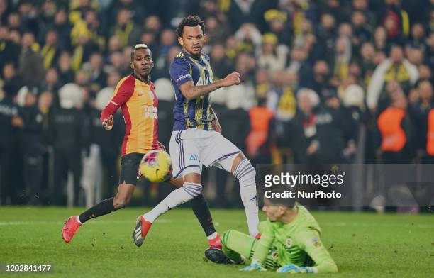 Henry Onyekuru of Galatasaray SK shooting on goal during Fenerbahçe against Galatasaray on ükrü Saracolu Stadium, Istanbul, Turkey on February 23,...