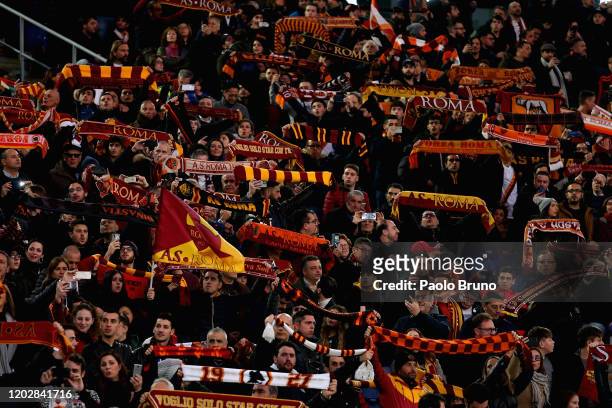 Roma fans during the Serie A match between AS Roma and US Lecce at Stadio Olimpico on February 23, 2020 in Rome, Italy.