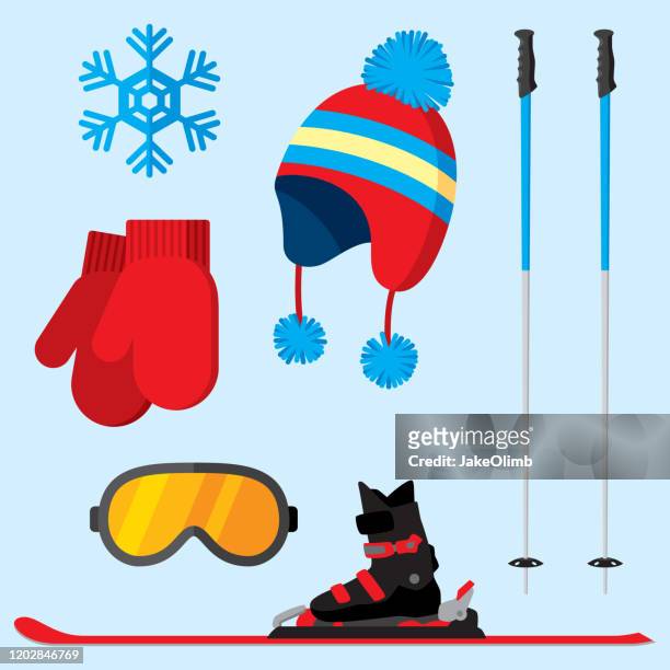 ilustraciones, imágenes clip art, dibujos animados e iconos de stock de artículos de esquí planos - guante
