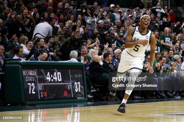 Cassius Winston of the Michigan State Spartans reacts after a second half three point basket while playing the Northwestern Wildcats at the Breslin...