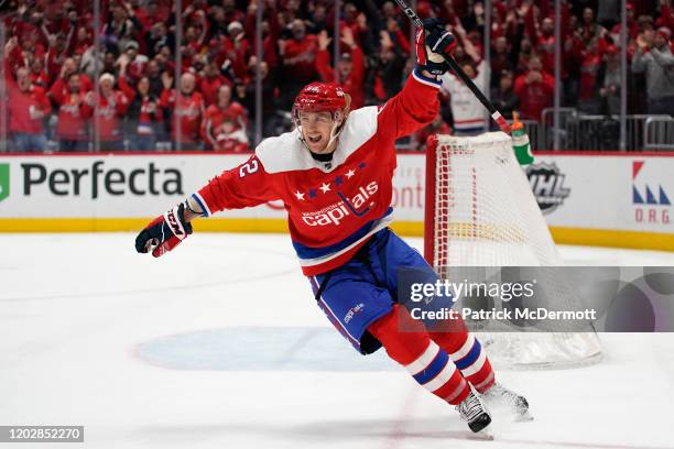 Carl Hagelin of the Washington Capitals celebrates after scoring an empty net goal for his second goal of the game in the third period against the...