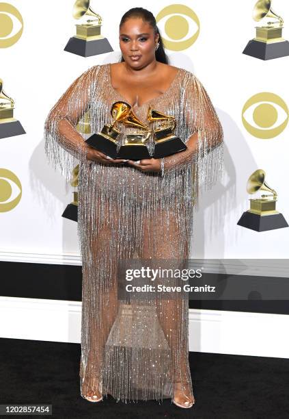 Lizzo poses at the 62nd Annual GRAMMY Awards at Staples Center on January 26, 2020 in Los Angeles, California.