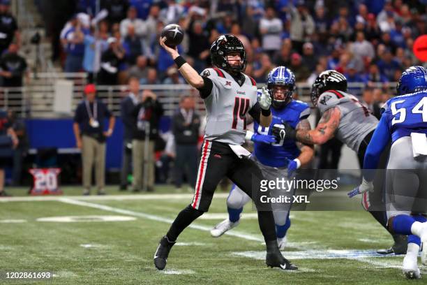 Matt McGloin of the New York Guardians passes the ball during the XFL game against the St. Louis BattleHawks at The Dome at America's Center on...