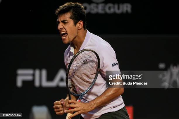 Cristian Garin of Chile celebrates a point during the men's singles final match of the ATP Rio Open 2020 at Jockey Club Brasileiro on February 23,...