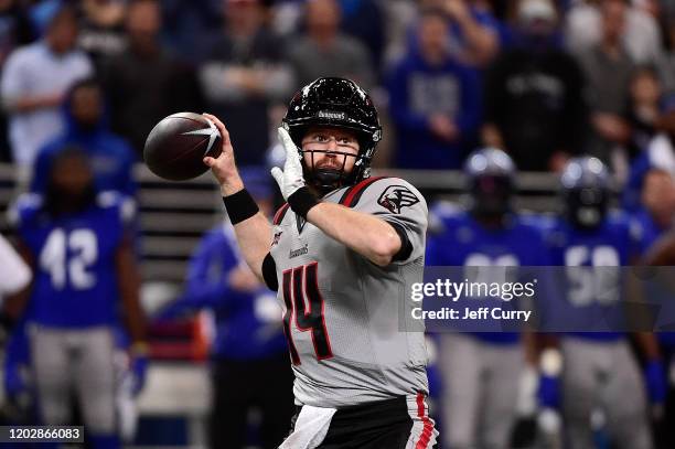 Matt McGloin of the NY Guardians passes during the first half of an XFL game against the St. Louis Battlehawks at The Dome at America Center on...