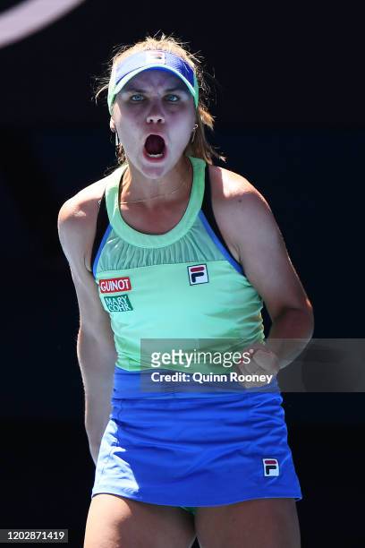 Sofia Kenin of the United States celebrates after winning set point during her Women's Singles Semifinal match against Ashleigh Barty of Australia on...