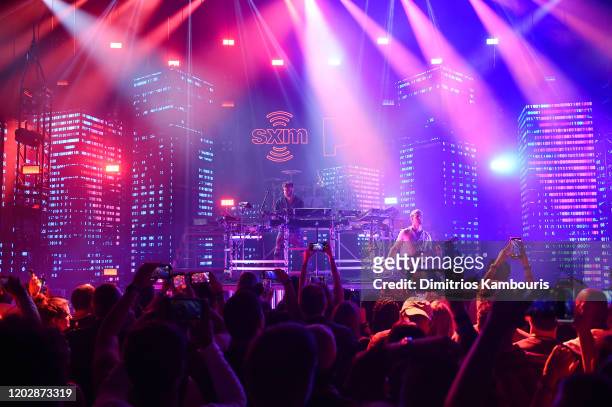 The Chainsmokers perform live on stage during an exclusive concert for SiriusXM and Pandora as part of Its Super Bowl Week Opening Drive Super...