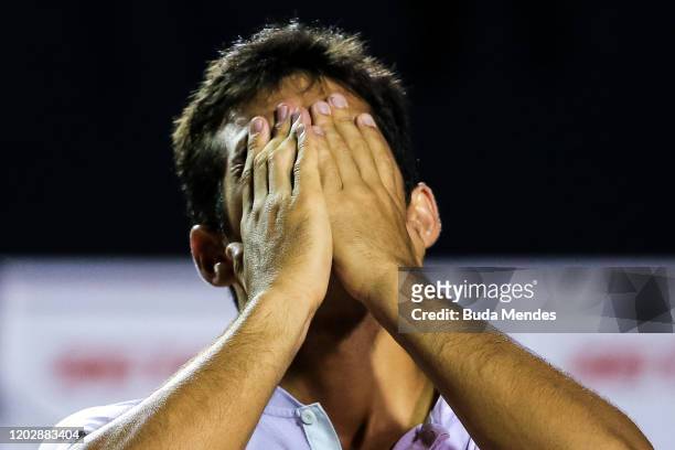 Cristian Garin of Chile celebrates the victory after the men's singles final match of the ATP Rio Open 2020 at Jockey Club Brasileiro on February 23,...