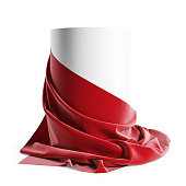 Round podium covered with red silk cloth. Isolated on a white background with clipping path.