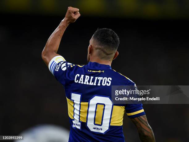 Carlos Tevez of Boca Juniors celebrates after scoring the first goal of his team during a match between Boca Juniors and Godoy Cruz as part of...