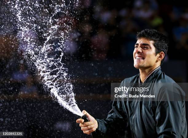 Cristian Garin of Chile celebrates after winning the men's singles final match of the ATP Rio Open 2020 at Jockey Club Brasileiro on February 23,...