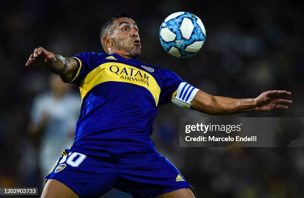 Carlos Tevez of Boca Juniors controls the ball during a match between Boca Juniors and Godoy Cruz as part of Superliga 2019/20 at Alberto J. Armando...